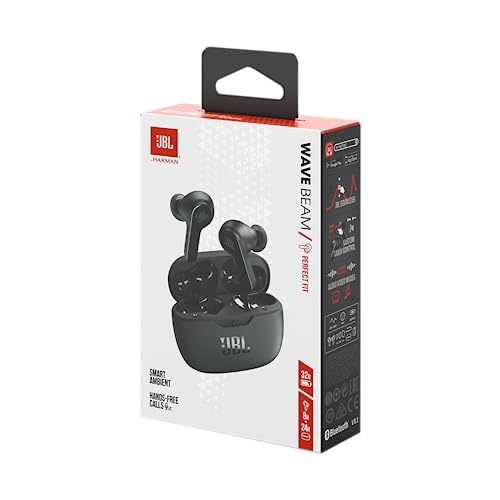 JBL Wave Beam 2 Adaptive Noise Cancelling with Smart Ambient True Wireless Earbuds, Deep Bass, Comfort Fit, 40H Battery, Hands-Free + VoiceAware, Water and Dust Resistant - Black, JBLWBEAM2BLK | Bluetooth 5.3, Up to 40 Hours of Autonomy