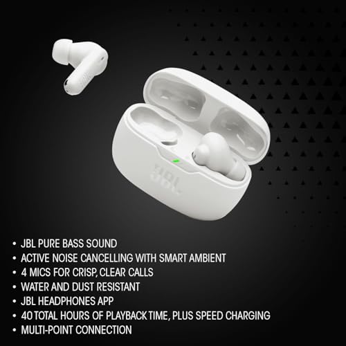 JBL Wave Beam 2 Adaptive Noise Cancelling with Smart Ambient True Wireless Earbuds, Deep Bass, Comfort Fit, 40H Battery, Hands-Free + VoiceAware, Water and Dust Resistant - Black, JBLWBEAM2BLK | Bluetooth 5.3, Up to 40 Hours of Autonomy