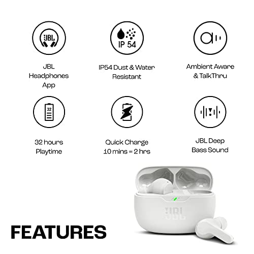 JBL Wave Beam 2 Adaptive Noise Cancelling with Smart Ambient True Wireless Earbuds, Deep Bass, Comfort Fit, 40H Battery, Hands-Free + VoiceAware, Water and Dust Resistant - Black, JBLWBEAM2BLK | Bluetooth 5.3, Up to 40 Hours of Autonomy