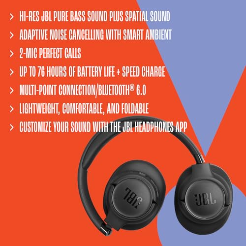 JBL Tune 520BT Wireless On-Ear Headphones, Pure Bass Sound, 57H Battery with Speed Charge, Hands-Free Call + Voice Aware, Multi-Point Connection, Lightweight and Foldable - Black, JBLT520BTBLKEU